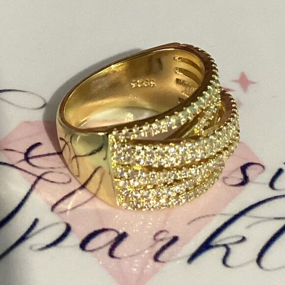 💛18k Gold Wide Band Micro Pave Cz Diamond Crisscross stacked Diamond Ring - Picture 12 of 16